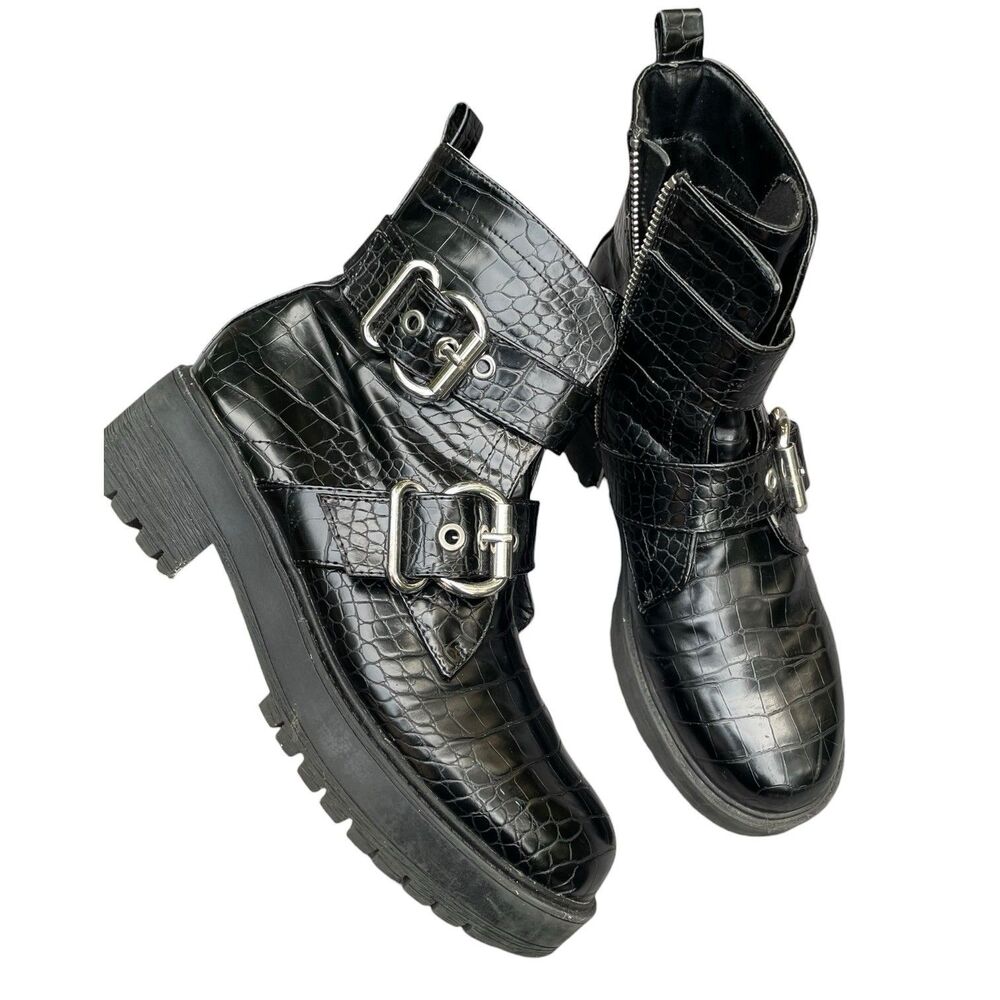 Chunky Moto Goth Punk Rock Aldo Black Patent Mock Croc Combat Boots Size 8.5